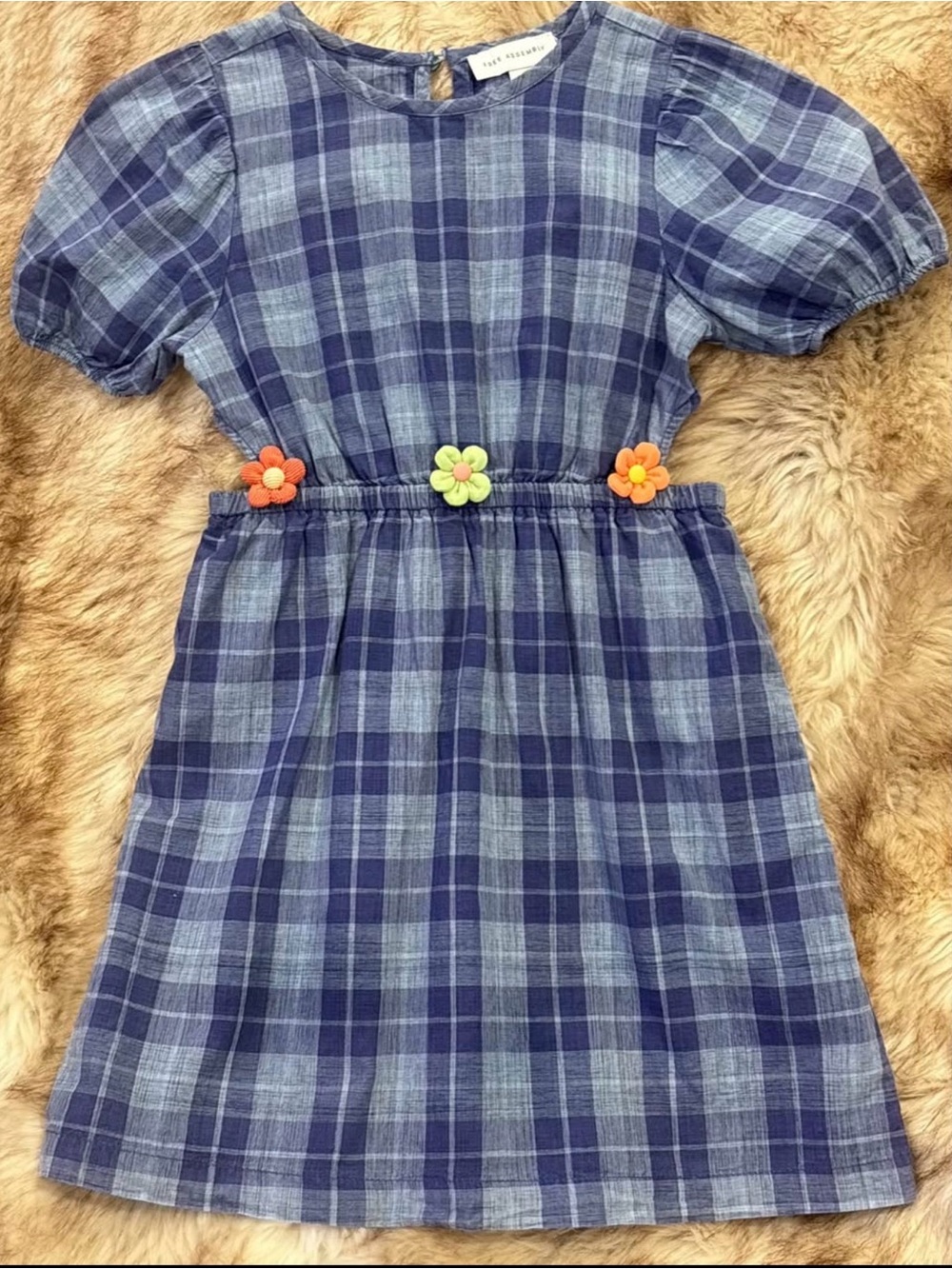 Tea Collection Blue Plaid Dress with Orange & Lime Flower Accents